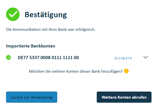 Bankkonten auswählen und mit Zurück zur Anwendung in das System zurückkehren