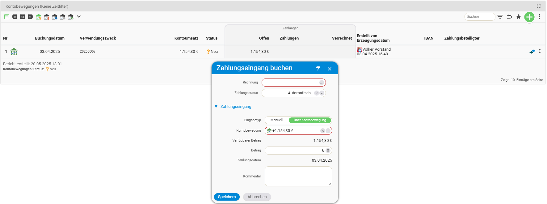 Kontobewegung über den Doppelpfeil einer Rechnung manuell zuordnen
