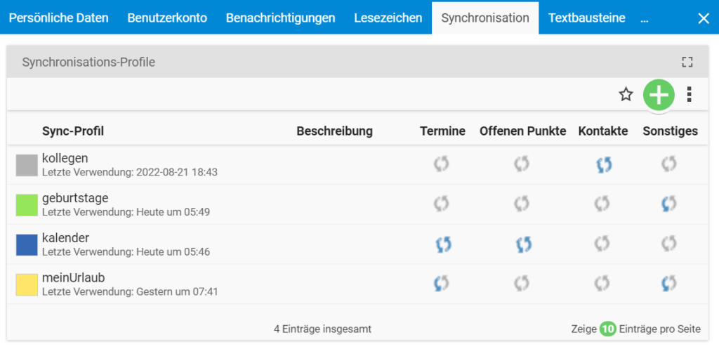 Liste der Synchronisationsprofile in teamspace, jeweils mit Name und Farbe