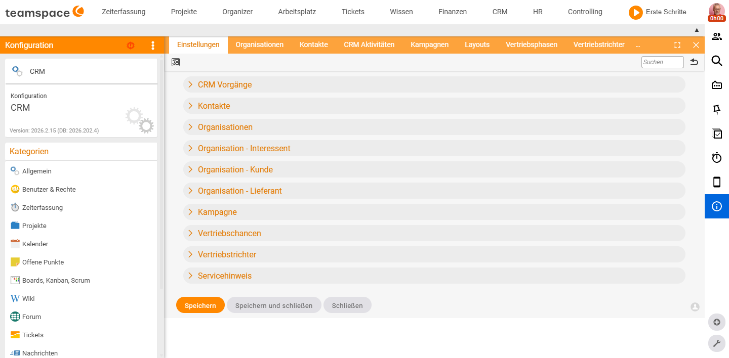 Kachel Einstellungen der Kategorie CRM mit den Abschnitten Allgemein, Kontakte, Kunden- und Lieferantenaspekte, Kampagne und Sichtbarkeit der Felder