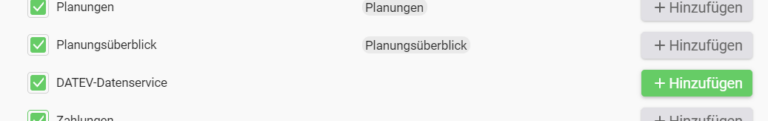 Konfiguration der Benutzergruppenrechte: Recht für den DATEV-Buchungsdatenservice vorhanden, Menüpunkte fehlen noch