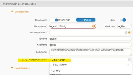 Auswahl der Mandantennummer in der eigenen Organisation