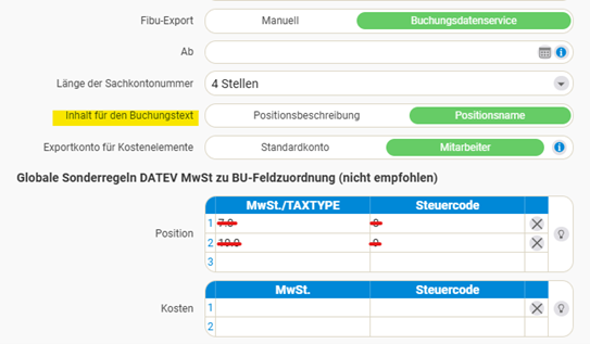 Einstellungen für den Buchungstext und die globalen Sonderregeln zur MwSt-zu-BU-Feldzuordnung