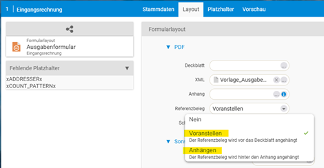 Layout-Einstellung „Referenzbeleg“ mit den Optionen „Voranstellen“ und „Anhängen“