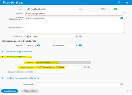 Konfiguration eines Kostentyps mit Standardkonto und Gegenkonto
