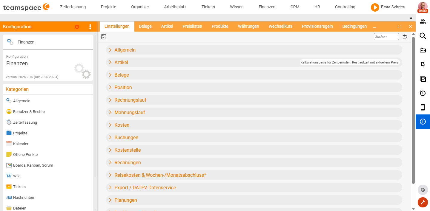 Kachel Einstellungen der Kategorie Finanzen mit den aufklappbaren Abschnitten Allgemein, Artikel, Belege, Position, Rechnungslauf, Kosten, Buchungen, Reisekosten und Export/DATEV