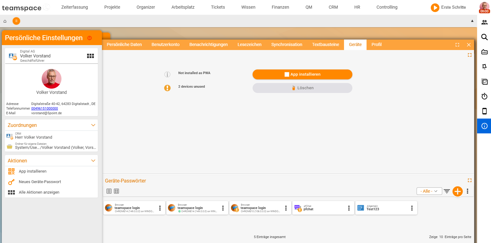 Persönliche Einstellungen, Reiter „Geräte