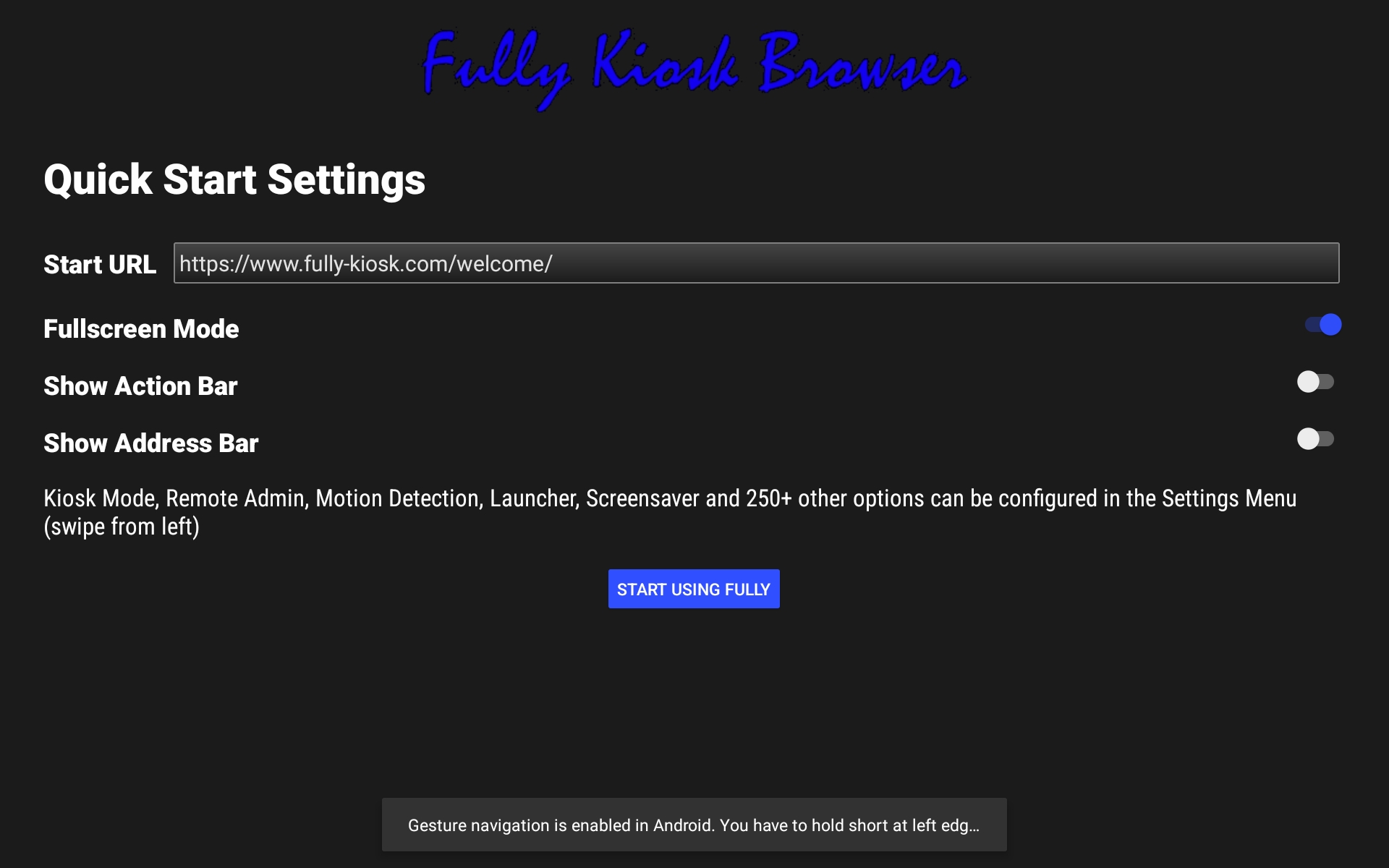 Im Fully Kiosk Browser die Terminal-URL als Start-URL eintragen und auf START USING FULLY tippen