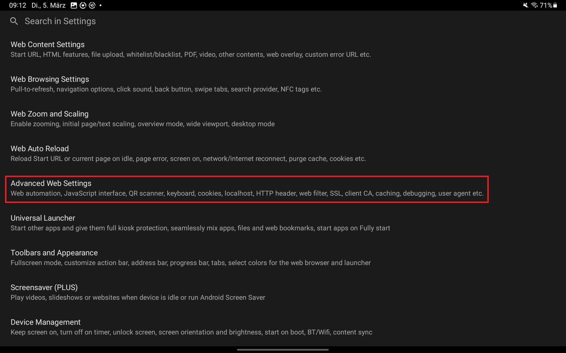 Über das Menü zu den Settings und dann zu den Advanced Web Settings navigieren