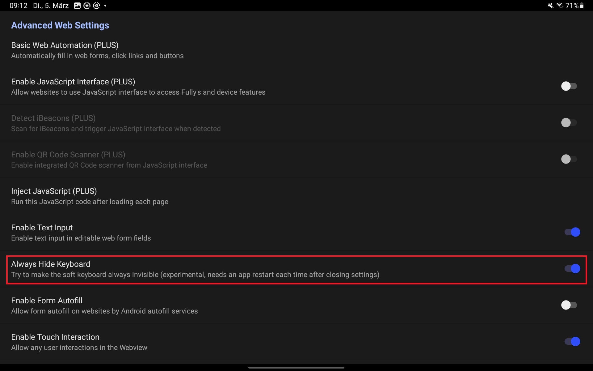 Die Option Always Hide Keyboard in den Advanced Web Settings aktivieren