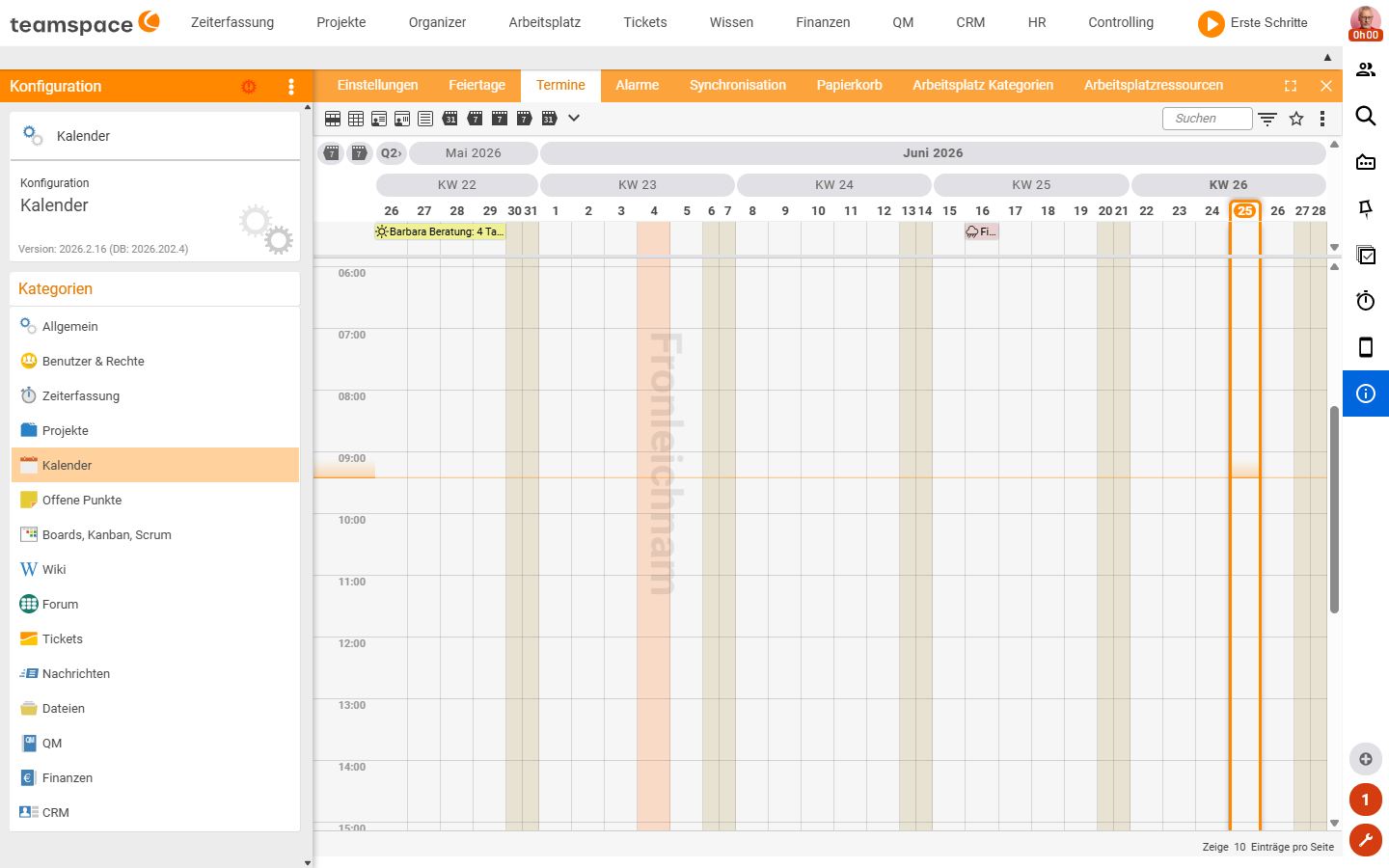 Kachel Termine der Kategorie Kalender: Admin-Kalenderliste aller Termine im Wochenraster