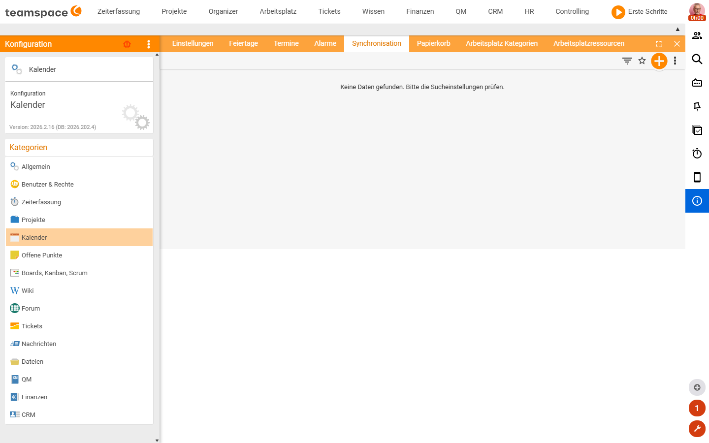 Kachel Synchronisation der Kategorie Kalender: Liste der Synchronisationsprofile