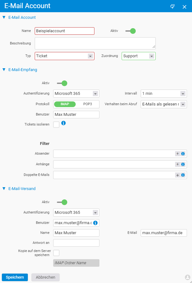 Dialog zum Einrichten eines Mailaccounts mit Name, Beschreibung, Typ und Zuordnung