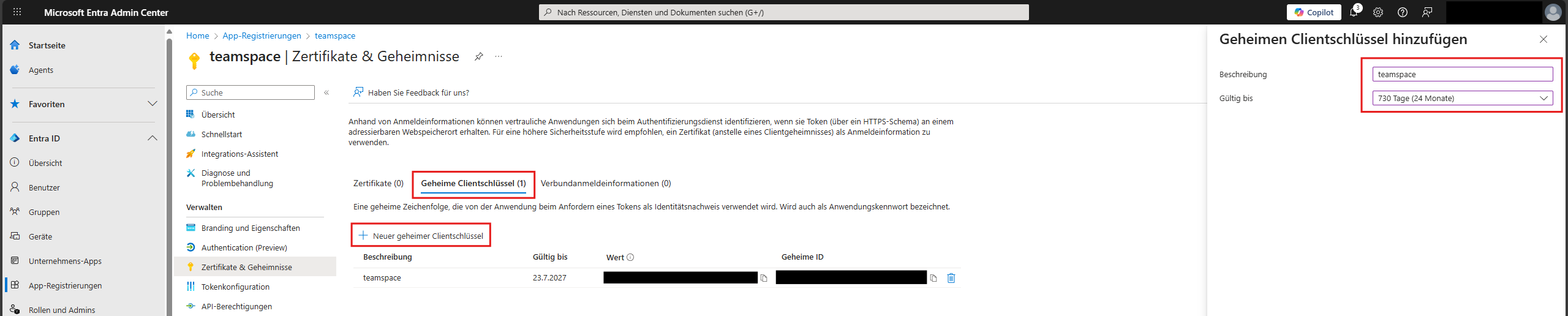 Zertifikate und Geheimnisse mit geheimem Clientschlüssel und Wert