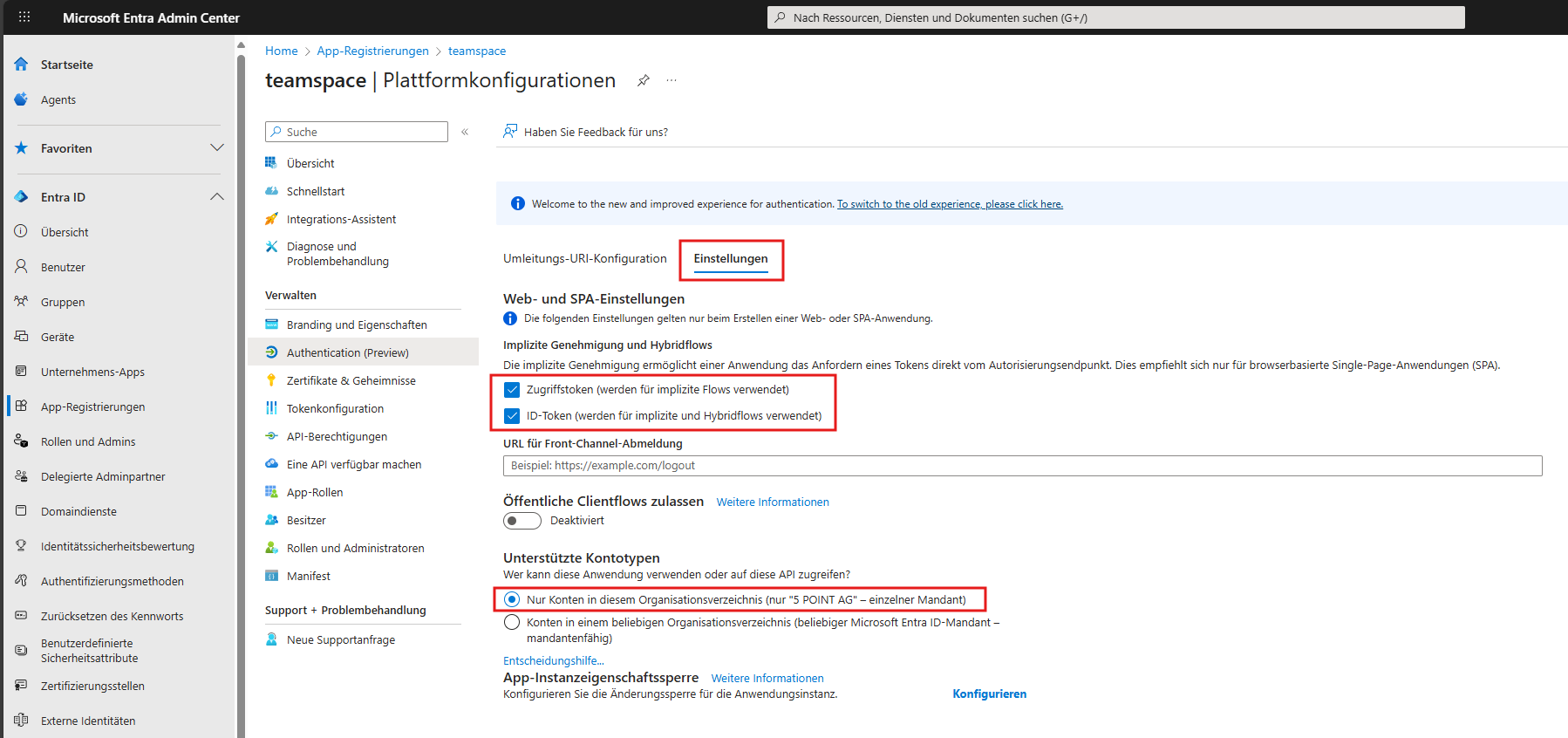 Authentication-Einstellungen mit aktivierten Optionen Zugriffstoken und ID-Token
