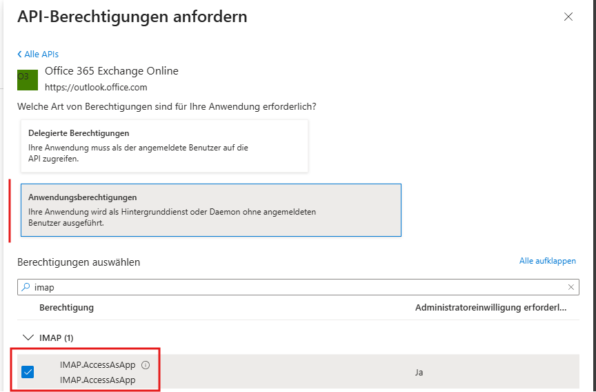 Berechtigung IMAP.AccessAsApp in Office 365 Exchange Online