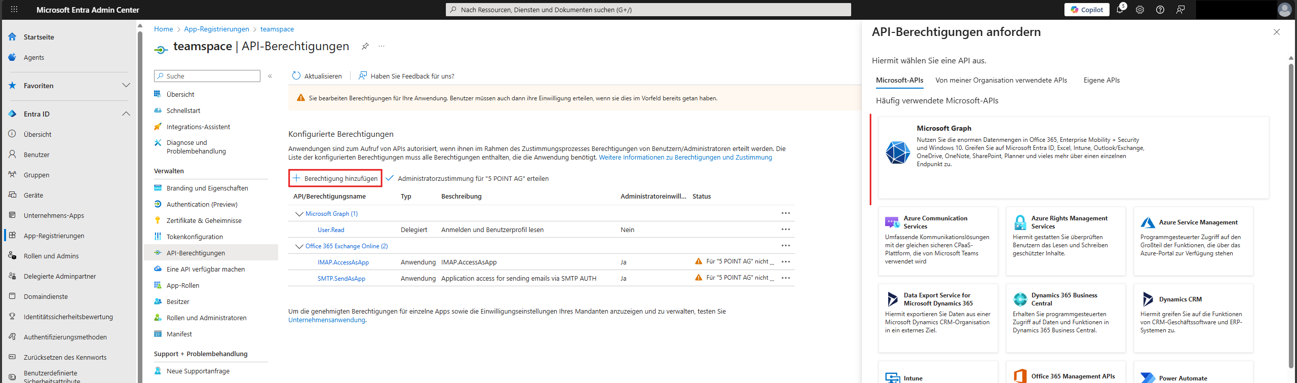 Auswahl der Microsoft-Graph-Berechtigungen
