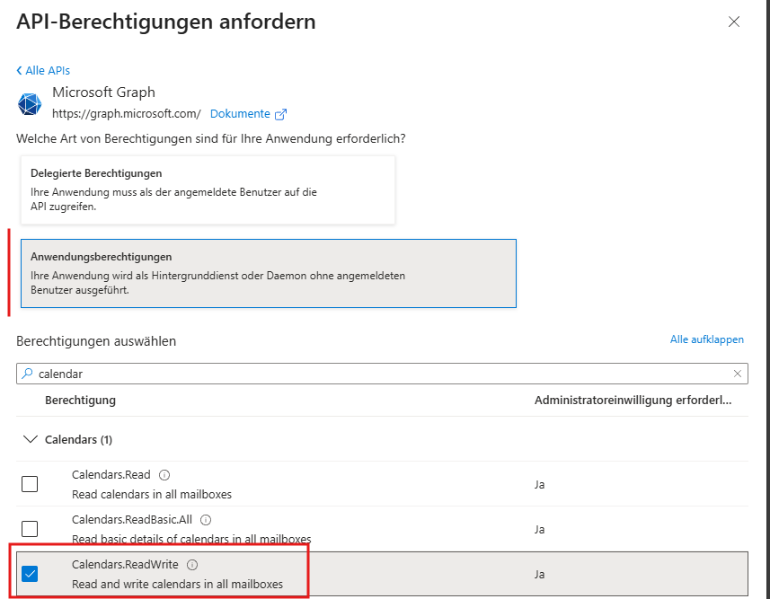 Berechtigung Calendars.ReadWrite in Microsoft Graph