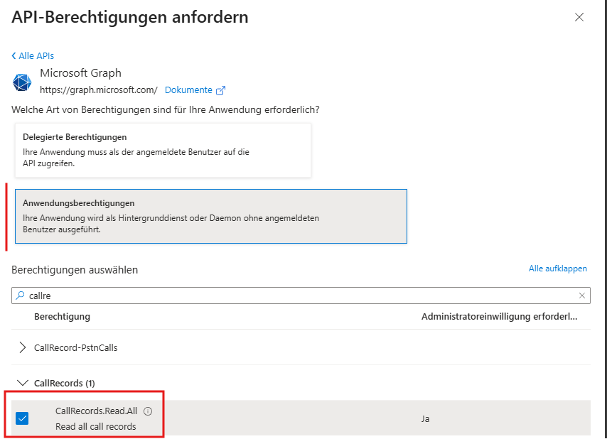 Berechtigung CallRecords.ReadAll in Microsoft Graph