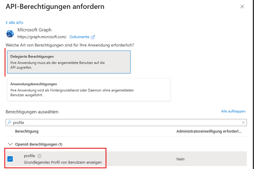 Berechtigung profile in Microsoft Graph
