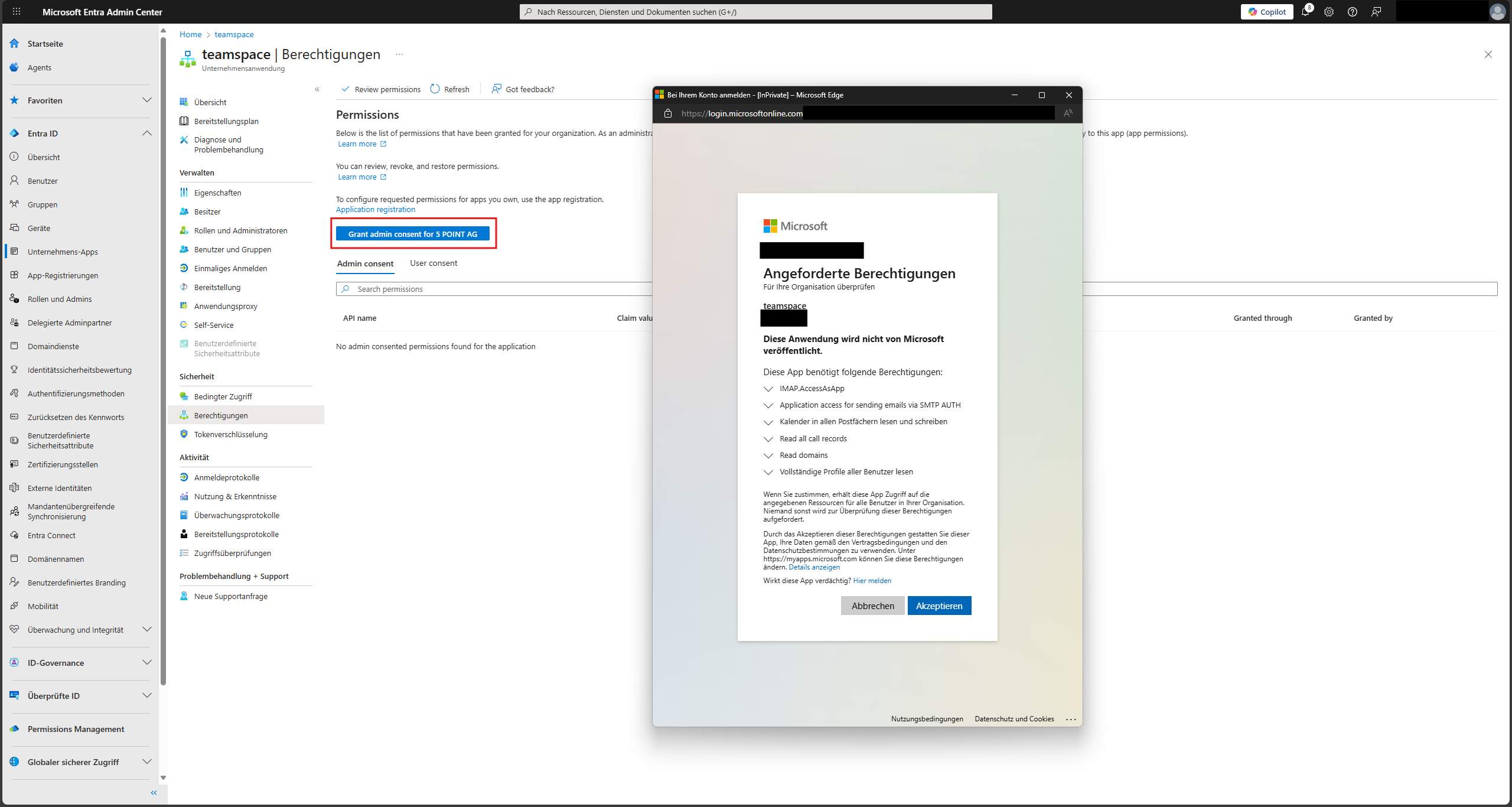 Schaltfläche Grant admin consent in der Unternehmensanwendung