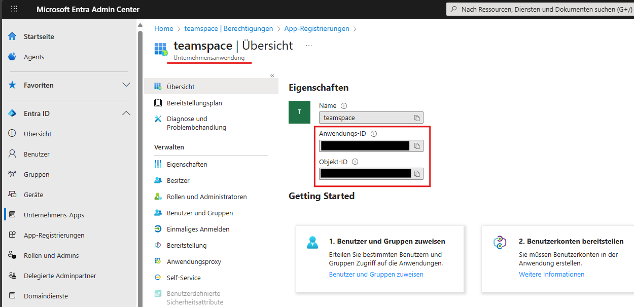 Übersicht der Unternehmensanwendung mit Anwendungs-ID und Objekt-ID