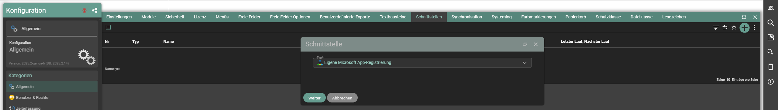 Auswahl des Schnittstellentyps Eigene Microsoft App-Registrierung