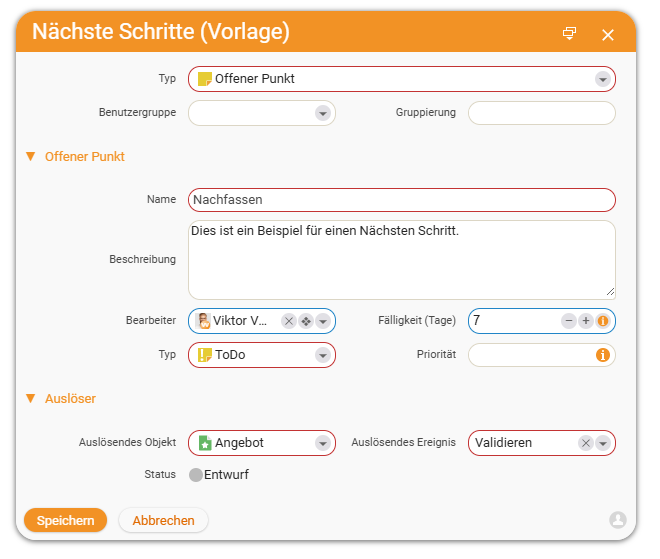 Erstelldialog einer Vorlage für Nächste Schritte mit Auswahl der Art