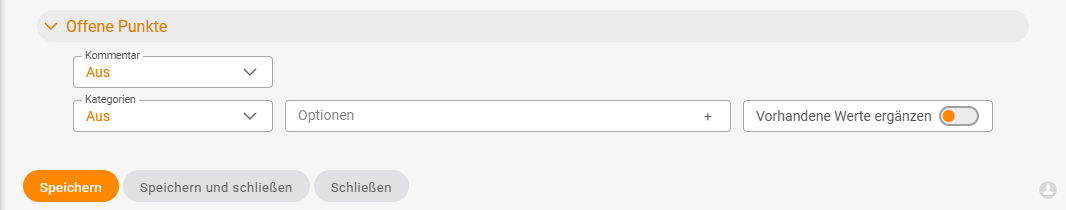 Kachel Einstellungen mit den Feldern Kommentar (Aus), Kategorien (Aus), Optionen und dem Schalter Vorhandene Werte ergänzen