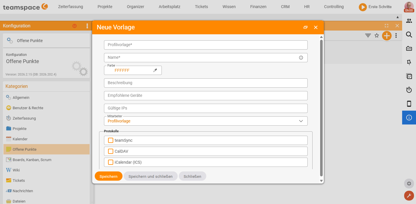 Anlegen-Dialog eines Sync-Profils mit Profilvorlage, Name, Farbe, Gültige IPs, Mitarbeiter und den Schaltern teamSync, CalDAV und iCalendar