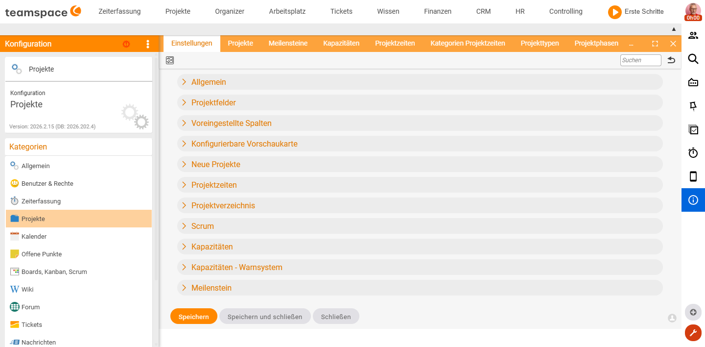 Kachel Einstellungen der Kategorie Projekte mit den Abschnitten Allgemein, Projektfelder, Projektstruktur, Neue Projekte, Backlog/Sprint, Kapazitäten und Meilenstein
