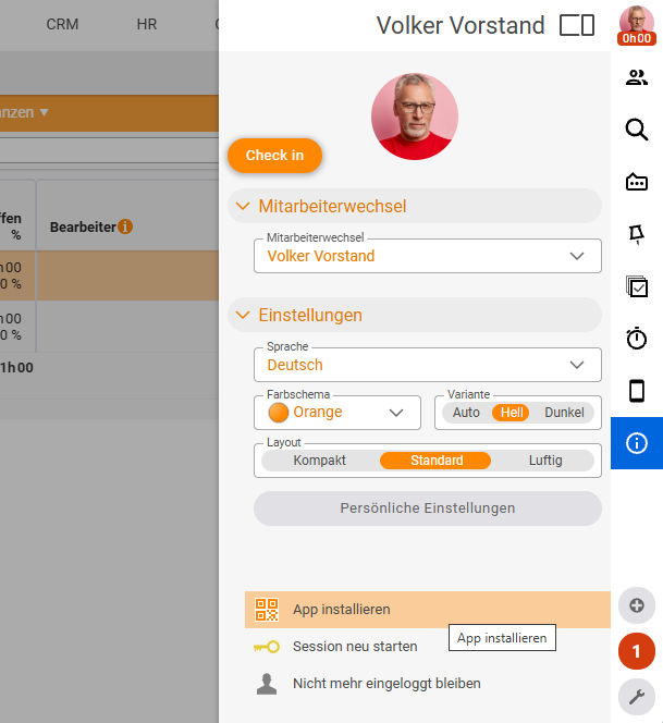 Das rechte Benutzermenü (Volker Vorstand) mit Check in, Mitarbeiterwechsel und Einstellungen (Sprache, Farbschema, Layout); unten der hervorgehobene Eintrag „App installieren
