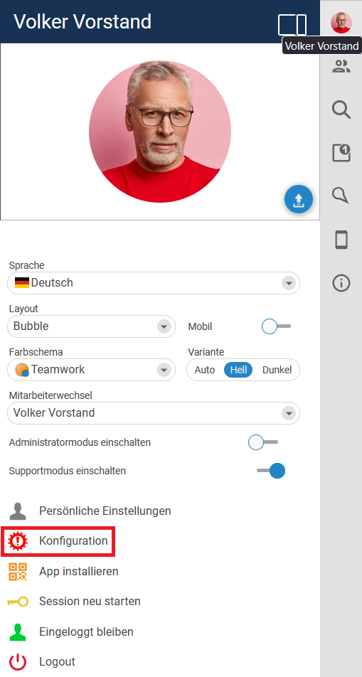 Seitliches Menü über das Benutzerprofilbild mit dem Eintrag Konfiguration