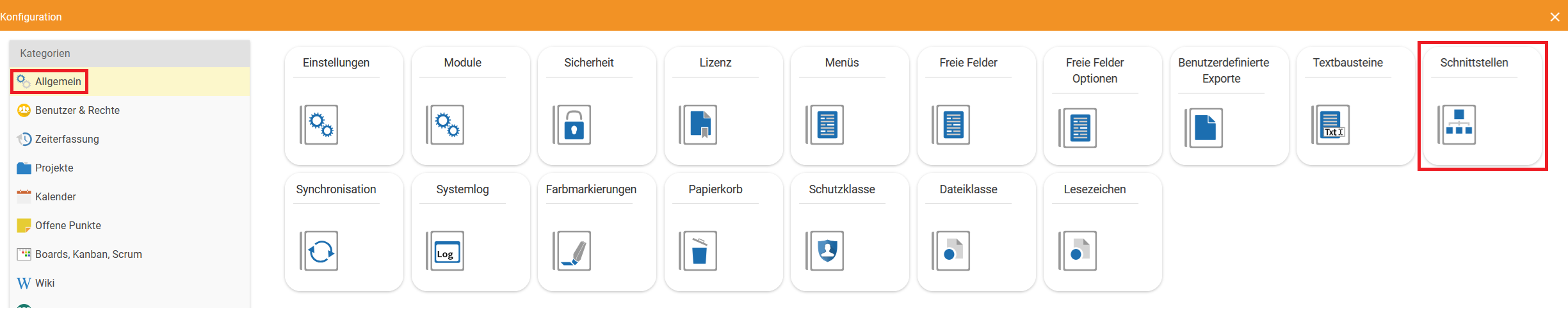 Konfigurationsbereich Allgemein mit dem Menüpunkt Schnittstellen