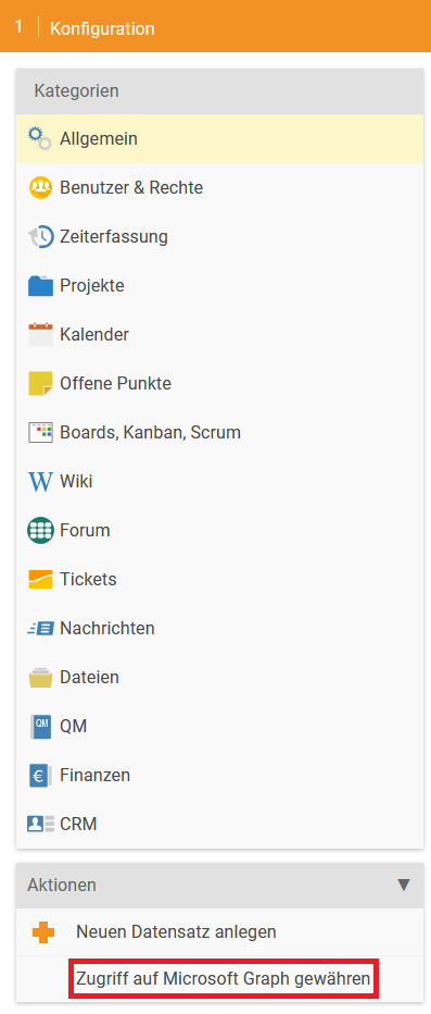 Linke Menükategorie Aktionen mit dem Eintrag Zugriff auf Microsoft Graph gewähren
