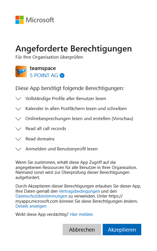 Übersicht der von teamspace benötigten Berechtigungen mit der Schaltfläche Akzeptieren