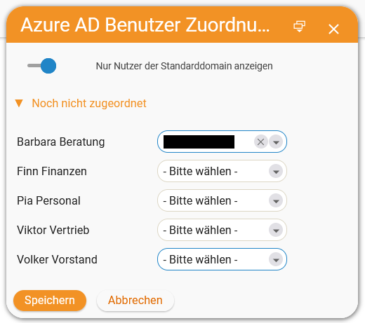 Dialog zur Zuordnung der Azure-AD-Benutzer zu den teamspace-Benutzern über Dropdown-Menüs