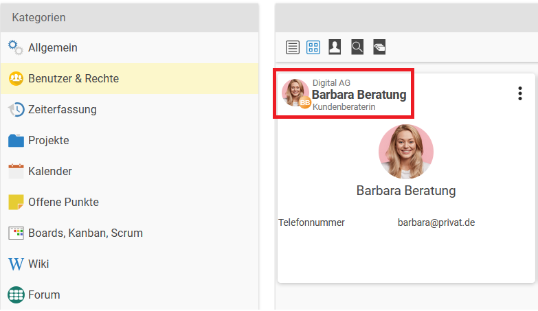 Benutzerliste mit dem ausgewählten Benutzer Barbara Beratung