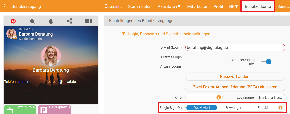 Reiter Benutzerkonto mit der Option Single Sign-on und den drei Auswahlwerten