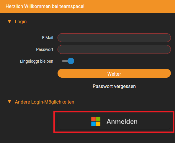 Loginseite von teamspace mit dem Button Microsoft Anmelden für die SSO-Anmeldung
