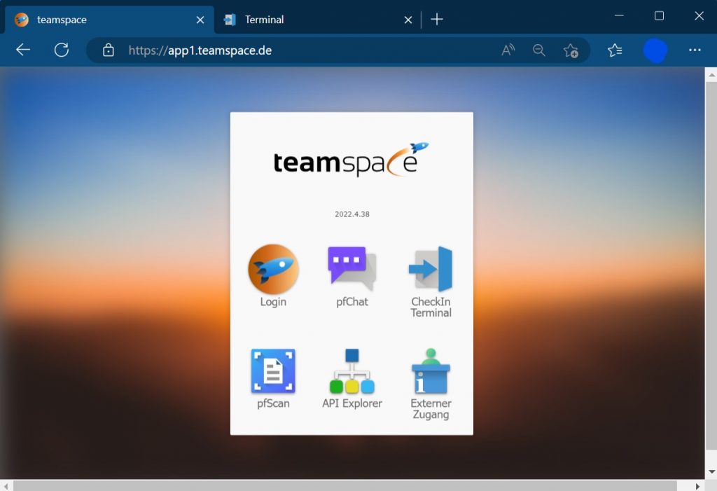 teamspace-Übersichtsseite mit verlinkten Apps, darunter das Terminal