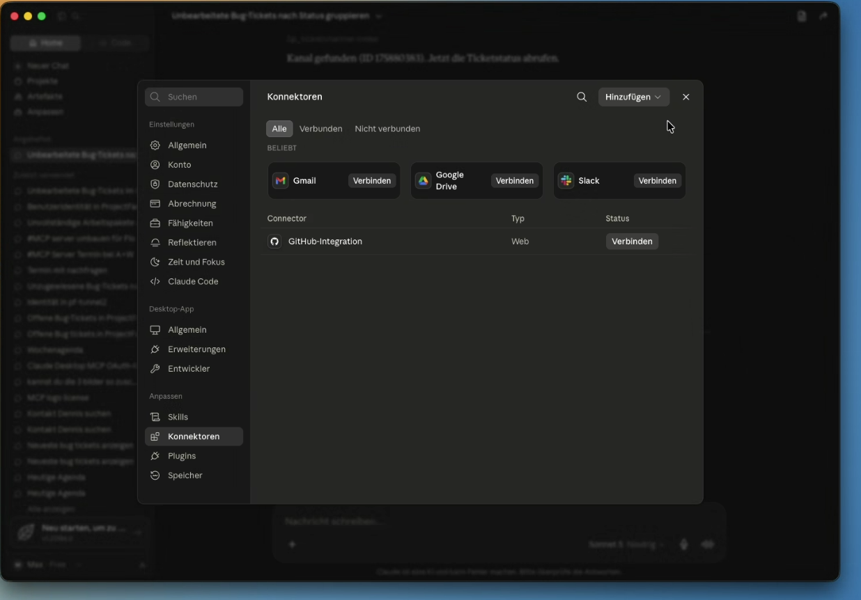 Claude-Einstellungen mit dem Bereich Konnektoren: oben die beliebten Konnektoren Gmail, Google Drive und Slack, darunter eine Tabelle mit dem bereits eingerichteten Connector und der Schaltfläche Hinzufügen rechts oben