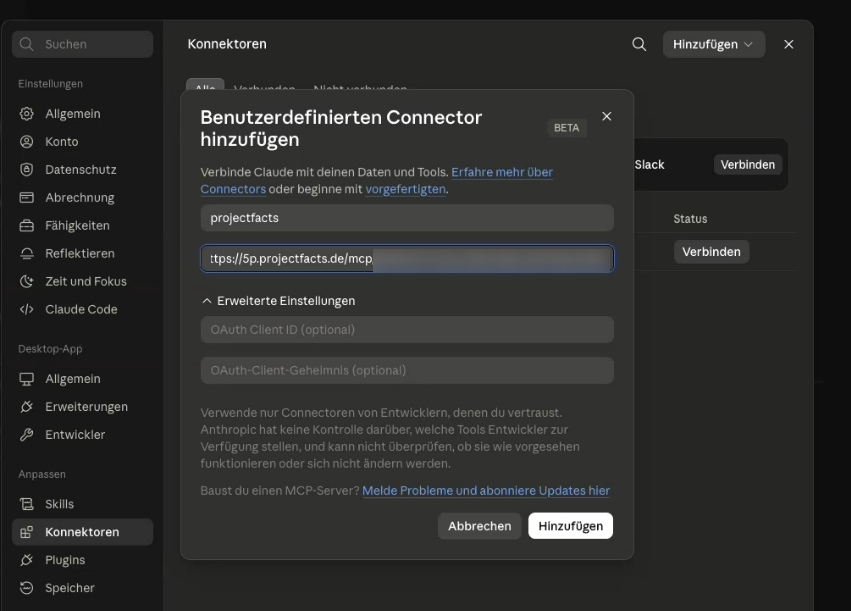 Derselbe Dialog mit der eingetragenen MCP-Server-Adresse im Feld Remote MCP Server URL; die Felder OAuth Client ID und OAuth-Client-Geheimnis bleiben leer, rechts unten die Schaltfläche Hinzufügen