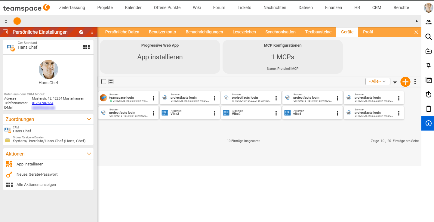 Persönliche Einstellungen im Reiter Geräte: oben die Kacheln Progressive Web App mit App installieren und MCP Konfigurationen mit 1 MCPs und dem Namen Protokoll MCP, darunter die Gerätepasswörter des Benutzers – Browser-Anmeldungen und die Einträge Vibe3, Vibe2 und vibe1; links in den Aktionen der Eintrag Neues Geräte-Passwort. Die E-Mail-Adresse im Steckbrief ist unkenntlich gemacht.