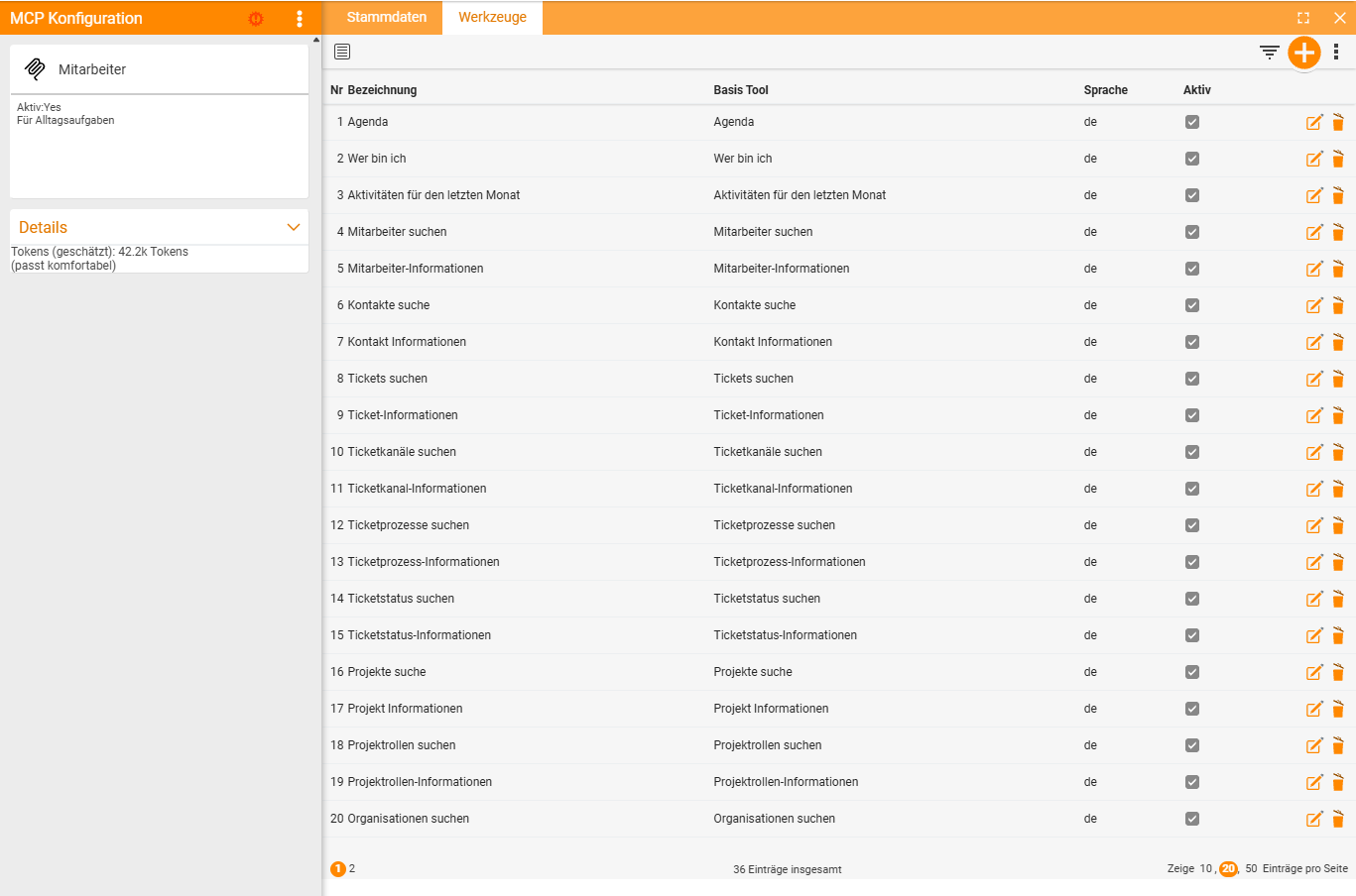 Der Reiter Werkzeuge der MCP-Konfiguration Mitarbeiter mit der Werkzeugliste (Nr, Bezeichnung, Basis Tool, Sprache, Aktiv) – von Agenda und Wer bin ich über Kontakte und Tickets bis zu den Projektrollen; links im Steckbrief steht unter Details die Token-Schätzung
