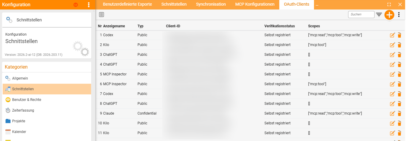Der Reiter OAuth-Clients mit einer Liste selbst registrierter Clients – Codex, Kilo, ChatGPT, MCP Inspector und Claude – je mit Typ (Public oder Confidential), Verifikationsstatus und den erteilten Scopes wie mcp:read, mcp:tool und mcp:write. Die Spalte Client-ID ist unkenntlich gemacht, weil sie Kennungen des Mandanten enthält.