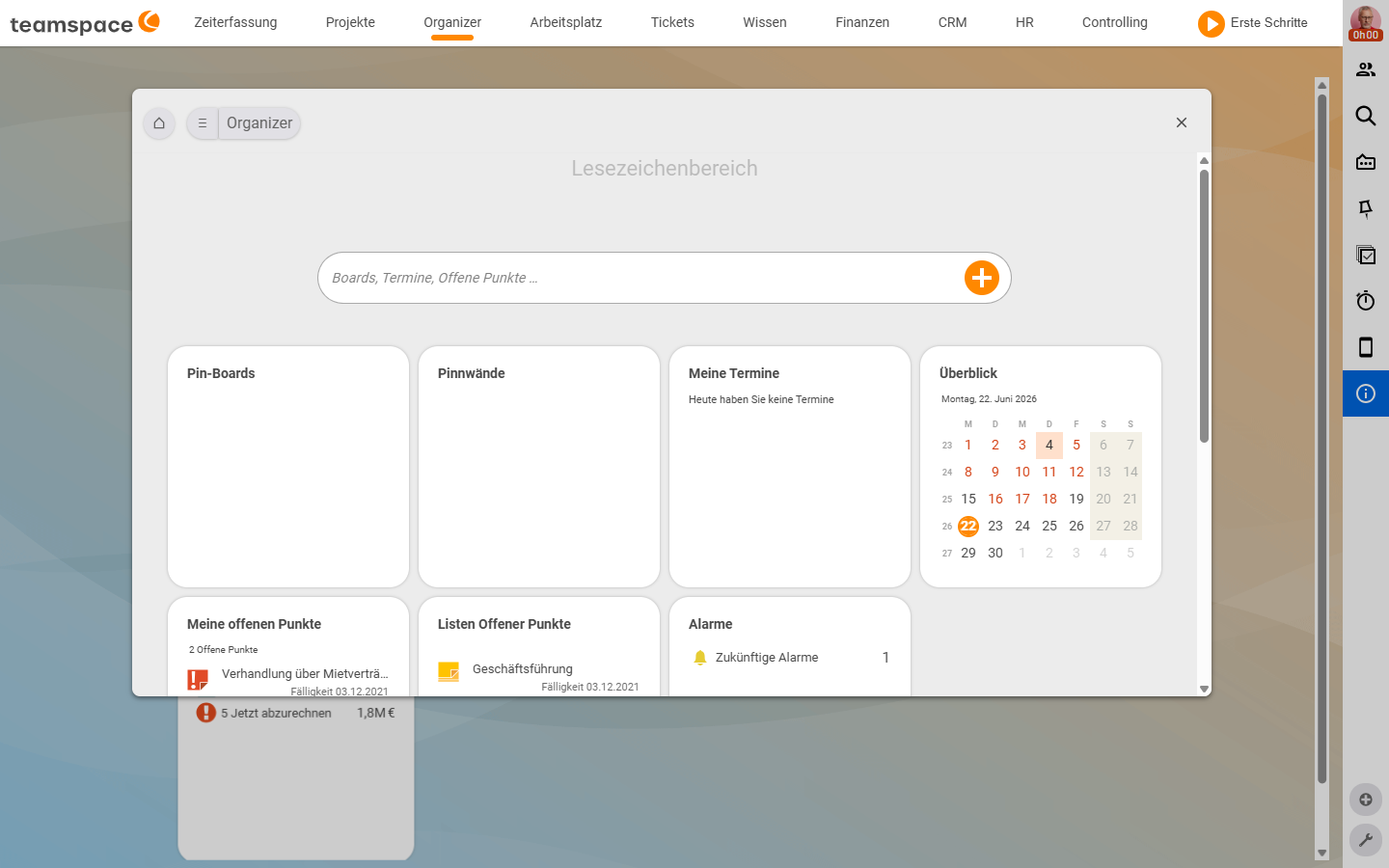 Organizer-Lesezeichenbereich mit den Widgets Meine offenen Punkte (2 Offene Punkte) und Listen Offener Punkte (Geschäftsführung), daneben Termine, Überblick und Boards