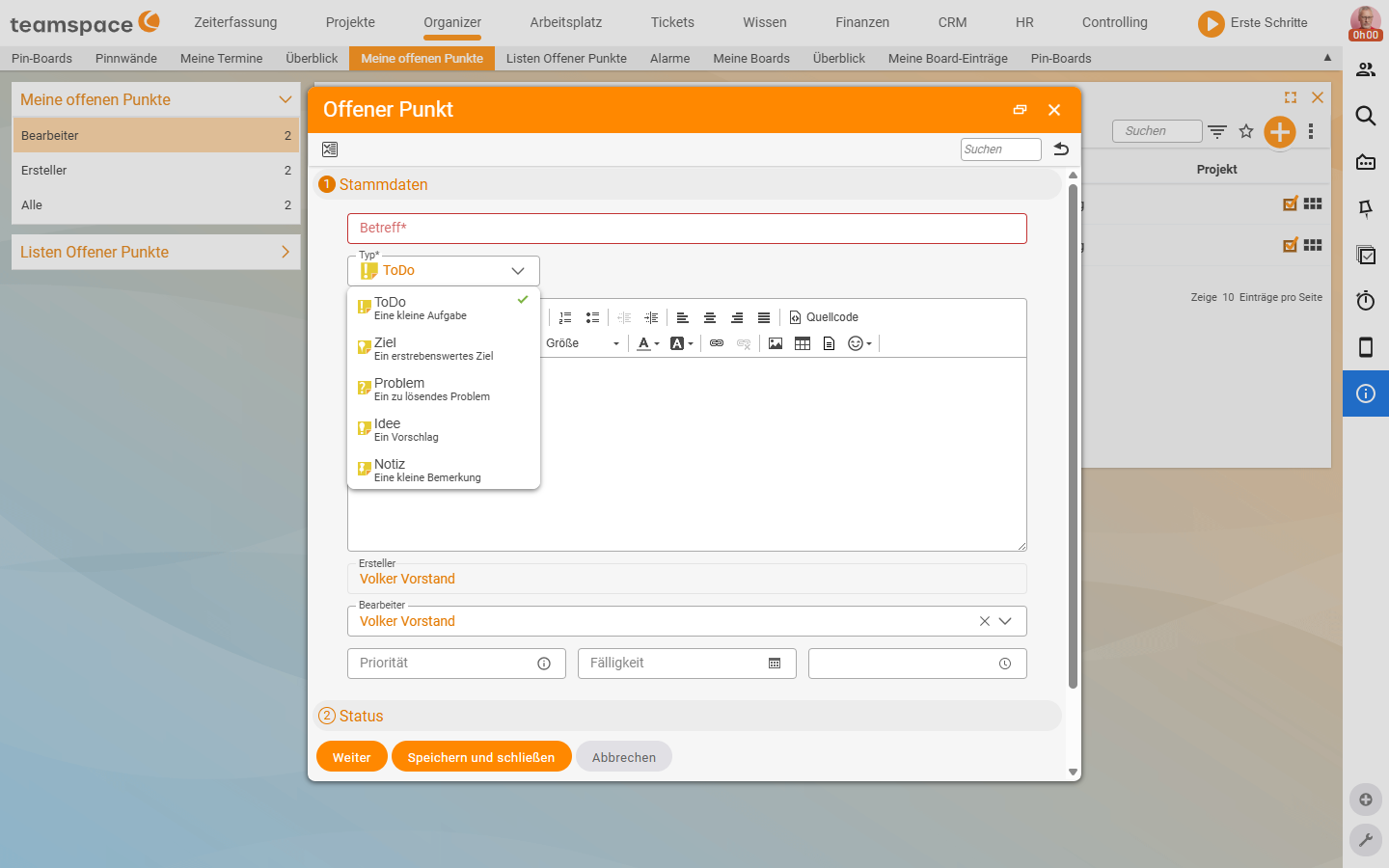 Anlegen-Dialog Offener Punkt mit aufgeklapptem Typ-Drop-down: ToDo (Eine kleine Aufgabe), Ziel, Problem, Idee, Notiz