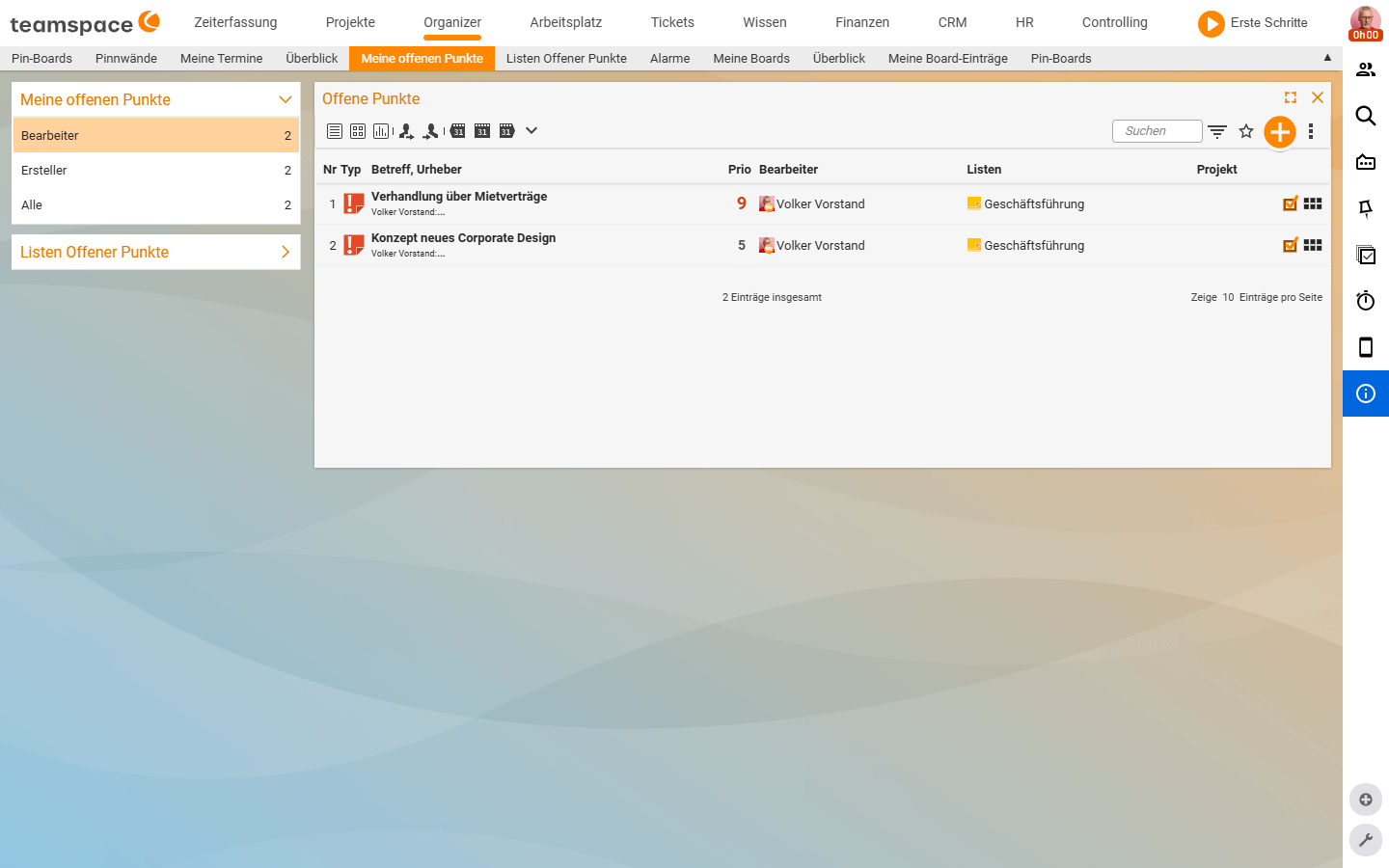 Meine offenen Punkte mit linker Sidebar (Bearbeiter 2, Ersteller 2, Alle 2) und der Punkte-Tabelle