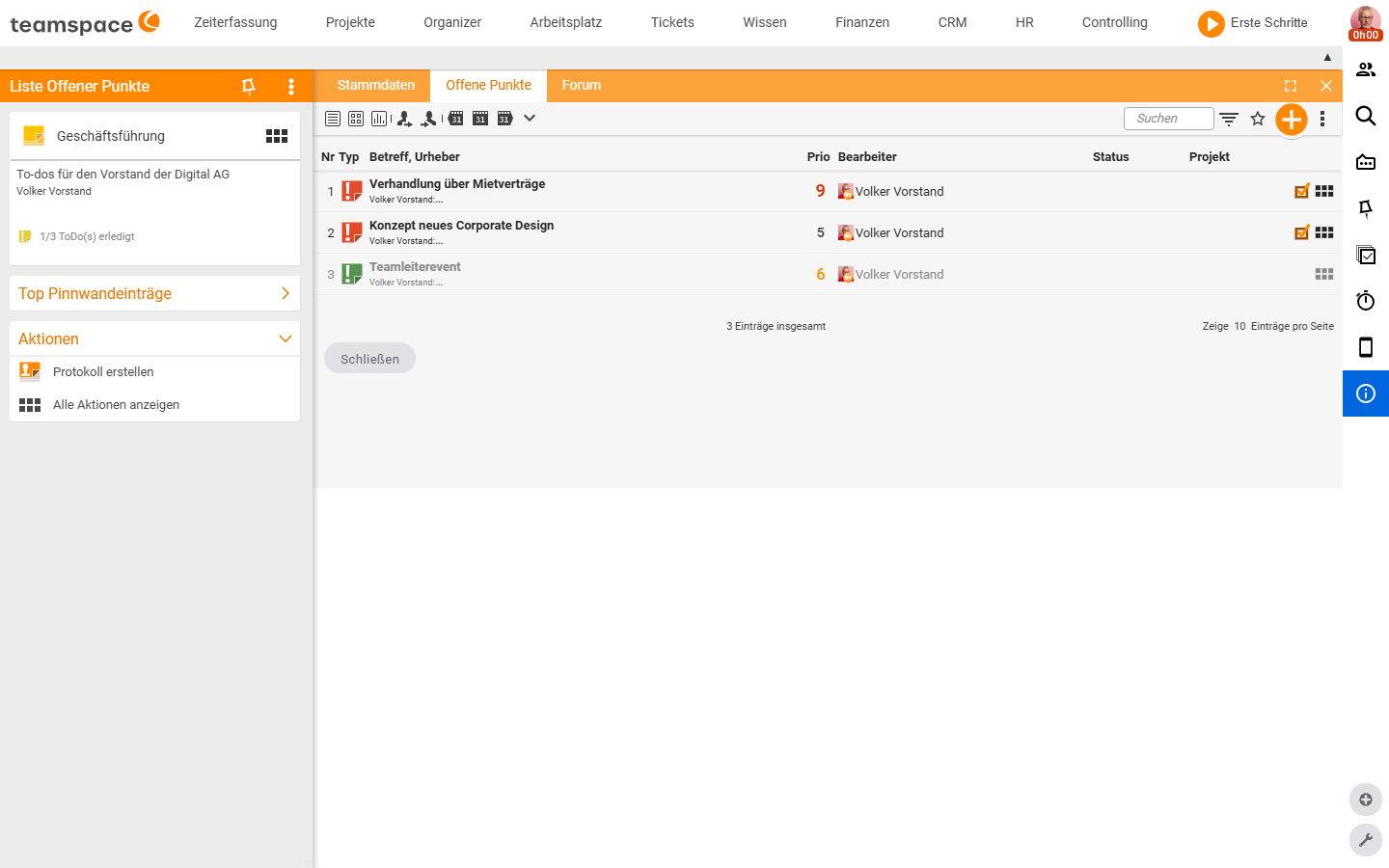 Listen-Detailmanager mit Reitern Stammdaten, Offene Punkte, Forum; Reiter Offene Punkte mit Tabelle (Nr, Typ, Betreff/Urheber, Prio, Bearbeiter, Status, Projekt) und linker Status-Sidebar 1/3 ToDo(s) erledigt